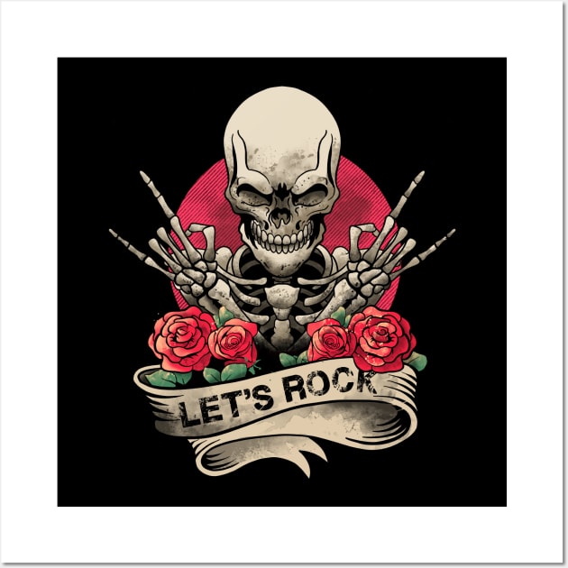 Lets Rock Rock&Roll Skeleton Hand Vintage Retro Rock Concert Wall Art by MerchBeastStudio